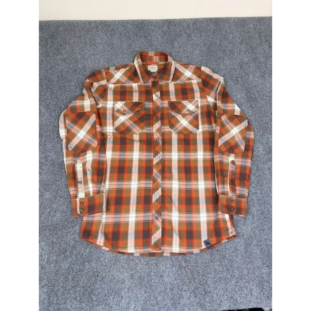 LL Bean Snap Button Up Long Sleeve Flannel Shirt Mens Medium Tall Orange Plaid